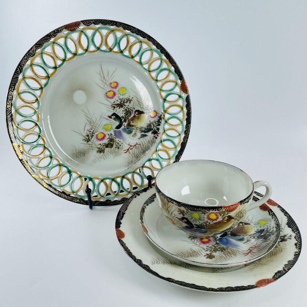 VTG Japanese Kutani Hand Painted Porcelain Tea Set Cup Saucer Plates Ducks 4pcs
